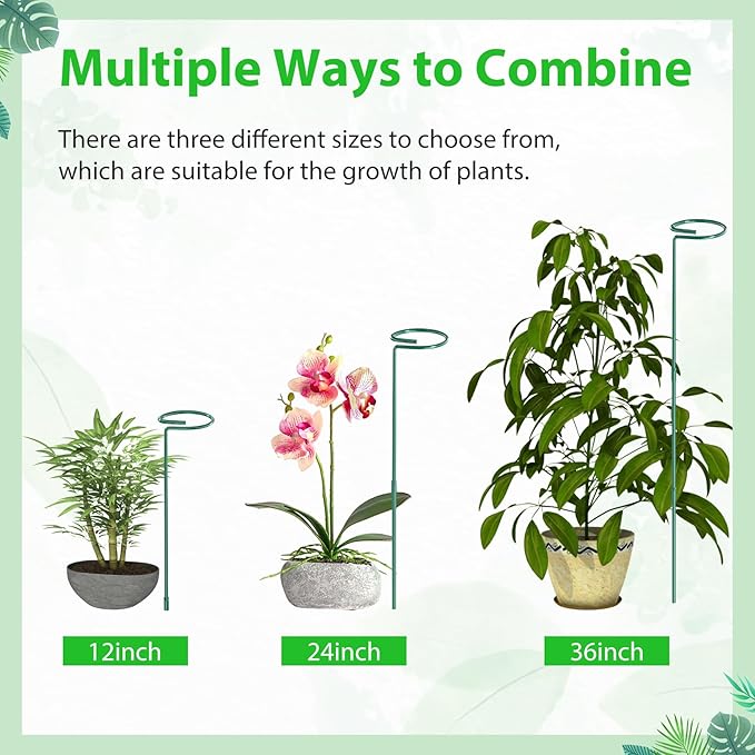 Unves 12 Pack Plant Support Stakes, 36 Inch Garden Single Stem Plant Stakes, Green Flower Garden Plant Cage for Outdoor & Indoor Plants, Sunflower, Hibiscus, Tomatoes with 100 Pcs Twist Ties