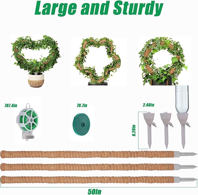 3-Pack Tall Moss Poles (50 Inch) - Coco Coir Plant Support Sticks for Potted Plants (Monstera, Pothos, Philodendron)