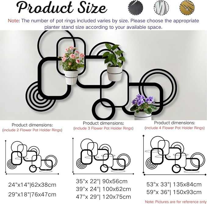 OZF Geometric Metal Wall Mounted Plant Holder, Metal Wall Plant Holder for Indoor, Geometric Line Hanging Planters for Living Room,Office (Gold, 47"x 29"| 120x75cm, 3 Pack 8" Flower Pot Holder Ring)