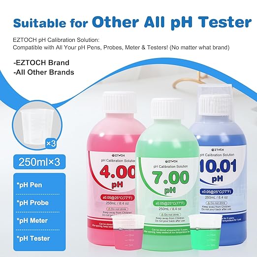 pH4.00, pH7.00 and pH10.01 Calibration Solution, 250 ml (8.4 fl.oz) Each, pH Pen Buffer Calibration Solution pH4.00, 7.00, pH10.01 Calibration Solution with 3 * 30ml Container for pH Tester, pH Probe