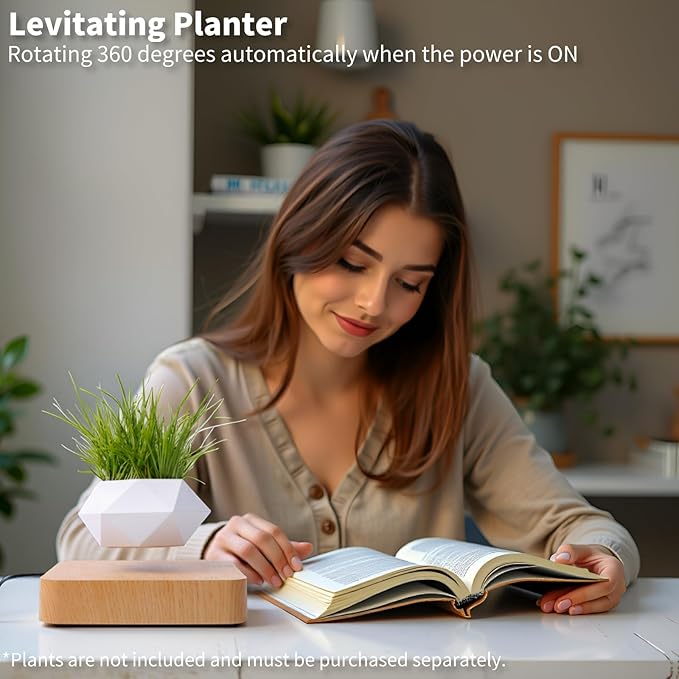 Levitating Plant Pot, Magnetic Floating Planter Levitating Plant 360° Auto Rotating Display for Bonsai, Air Plants Mini Flowers Cool Floating Desk Decor for Office, Living Room (Light Brown)