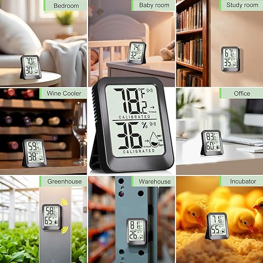 Antonki 4 Pack Mini Room Thermometer Hygrometer Indoor Temperaure and Humidity Monitor Gauge Meter for Home, Baby Room, Office, Incubator, Greenhouse, Reptile - Battery Included - Black