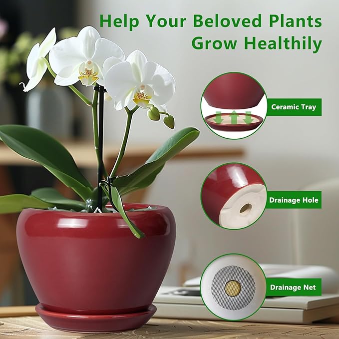 Ceramicfor 10 Inch Plant Pot - Ceramic Planter Pot with Drainage Hole and Saucer Large Planter for Indoor Plants Round Outdoor Flower Pot Mid-Century Decor Red