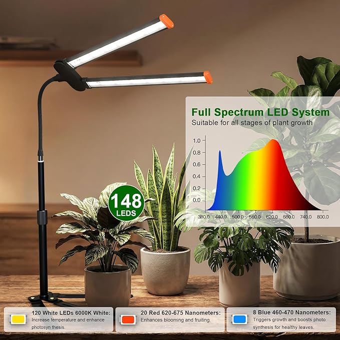 Grow Light for Indoor Plant, 6000K Full Spectrum Plant Lamp with Red Blue White LED for Pot Succulents Seed Growing, Light Strip Foldable & Height Extendable 9-25'', Auto Timer 4 8 12Hrs