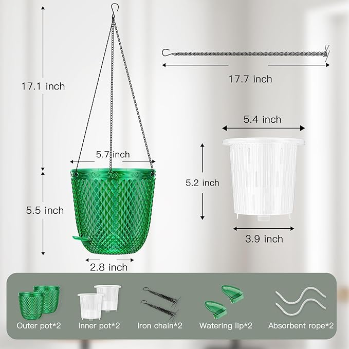 QCQHDU Hanging Planters for Indoor Plants, 2-Pack 5.7 Inch Self Watering Hanging Pots, Plastic Plant Hanger with Drainage Holes and 3 Hooks Chains for Garden Home (Emerald)