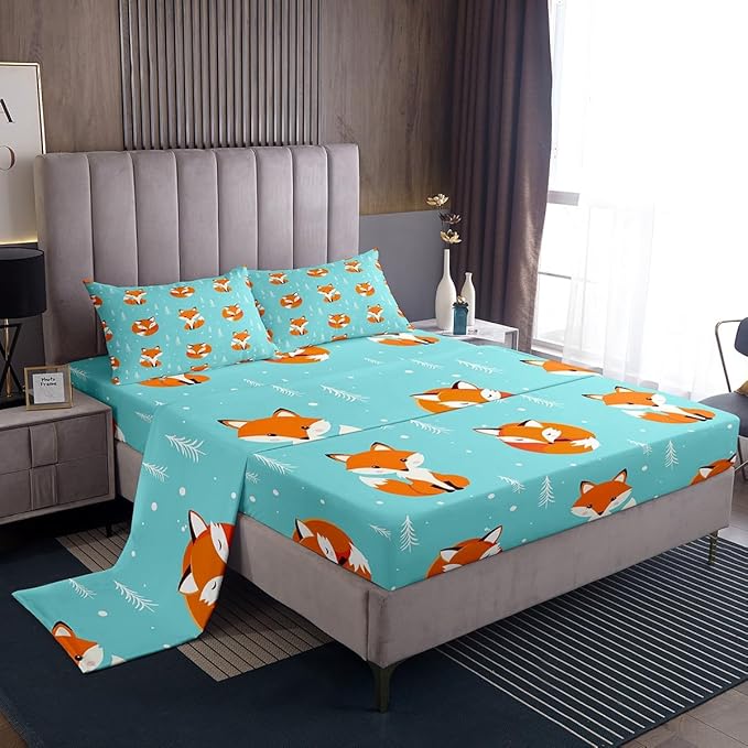 Kids Bed Sheets Full Size Cute Fox Print Bed Sheet Set for Boys Girls Bedroom Cartoon Kawaii Decor Woodland Fox Wild Animal Bedding Set Children Toddler Fitted Sheet + Flat Sheet + 2 Pillow Case