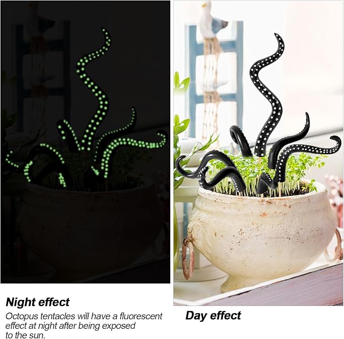 BOXOB 7pcs Octopus Tentacle Plant Stakes, Various Shapes Glow in The Dark Octopus Leg Stakes Evil Decorative Garden Stakes for Potted Plants Indoor Outdoor Decoration (Black)
