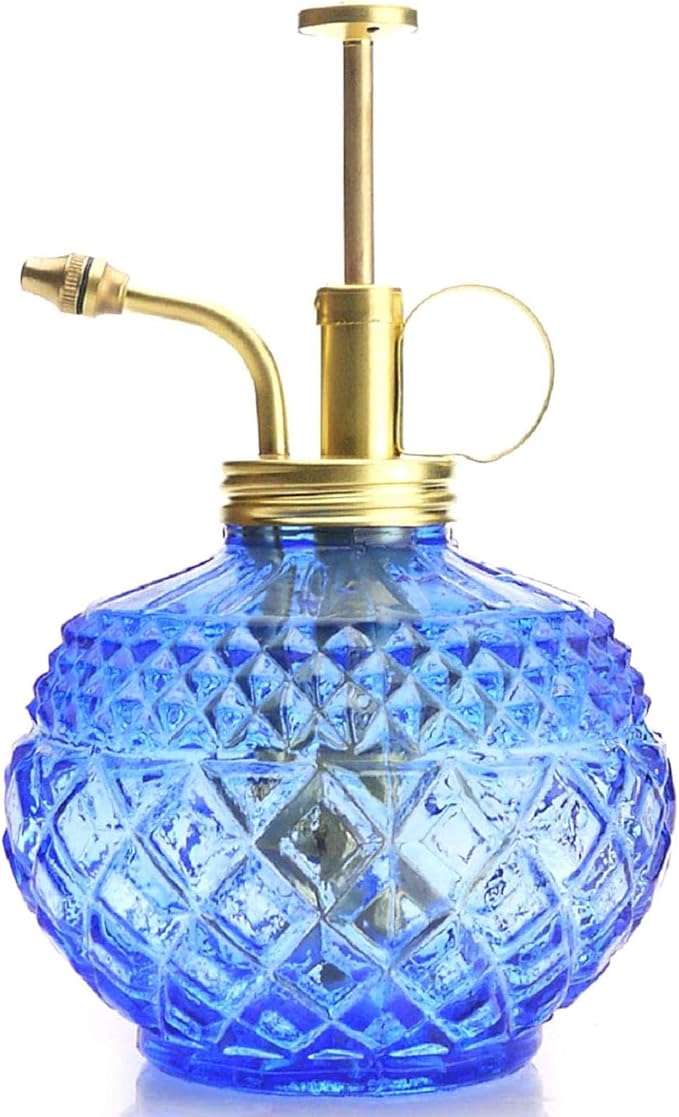 Plant Mister- Blue Color Glass Bottle & Brass Sprayer (Matt Gold)