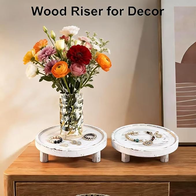3 Pcs Wooden Display Risers Round Wood Pedestal Stand Mini Plant Tray Stand, 10-6 Inch Rustic-style decorative shelf for Displaying Plants and Candles (White)