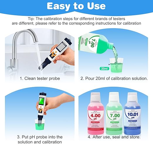 pH4.00, pH7.00 and pH10.01 Calibration Solution, 250 ml (8.4 fl.oz) Each, pH Pen Buffer Calibration Solution pH4.00, 7.00, pH10.01 Calibration Solution with 3 * 30ml Container for pH Tester, pH Probe