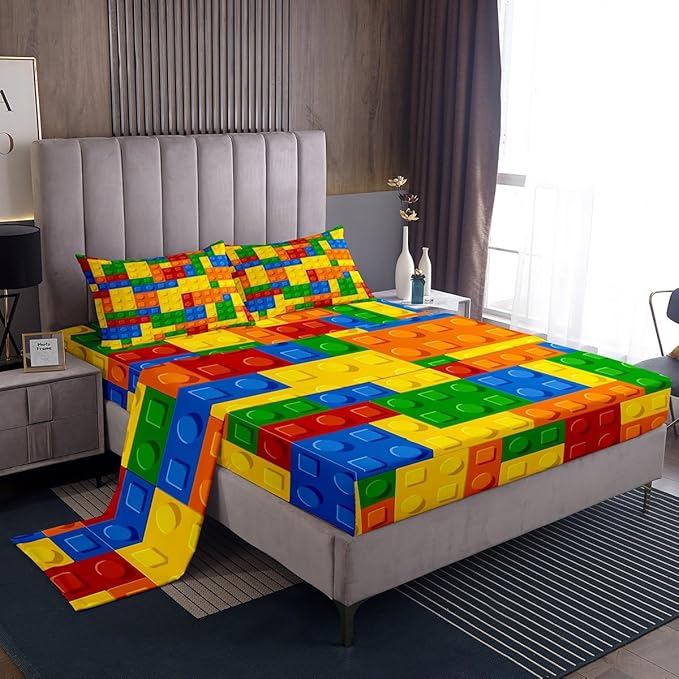 Feelyou Kids Games Bed Sheet Set Full Size Color Building Blocks Sheet Set Toy Brick Sheets for Boys Girls Bedroom Nursery Bedding Set with Flat Sheet Fitted Sheet Pillowcase 4Pcs