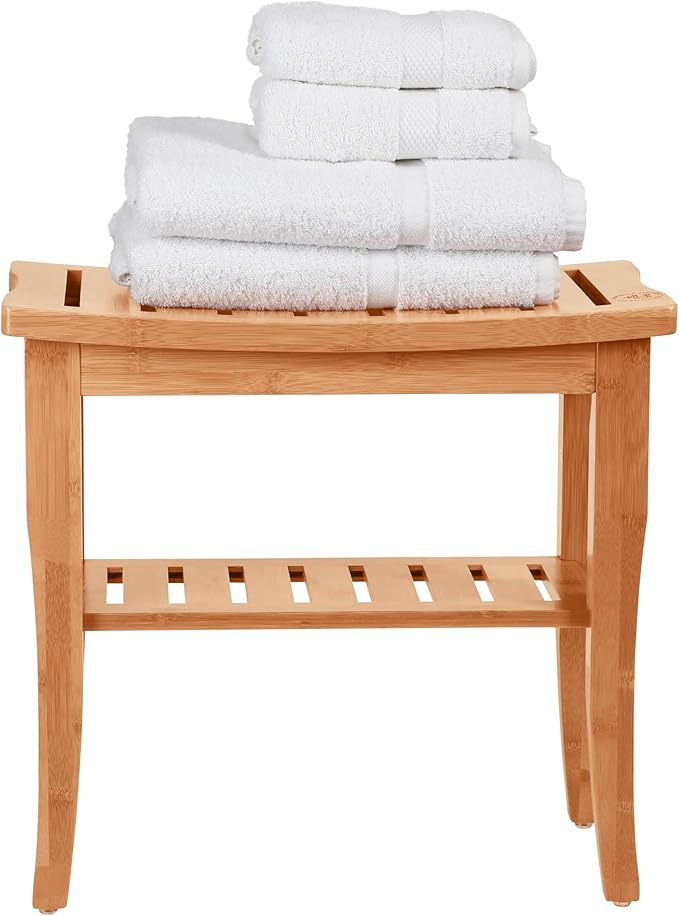 Bamboo Shower Bench - Small Wooden Shower Stool with Storage Shelf, Non-Slip Bathroom Seat, Spa Decor Bath Bench, Foot Rest Shaving Stool for Shower, Indoor Outdoor Use, Great Gift Idea (17" x 9 x 17)