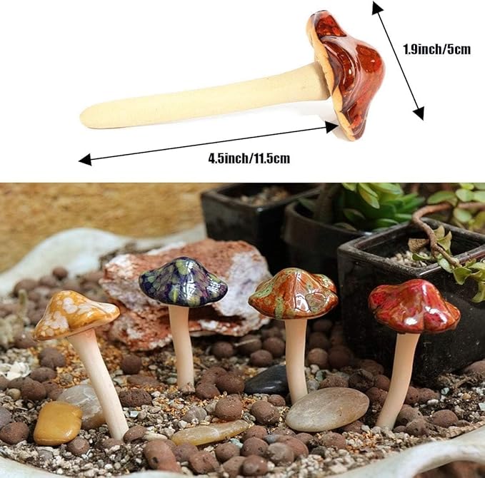 kathson 12 Piece Garden Mushrooms - Ceramic Mushroom for Yard, Fairy Garden Stakes Lawn Ornament Plants Stakes Accessories Pottery Ornament 4.52" in Height (Random Color)
