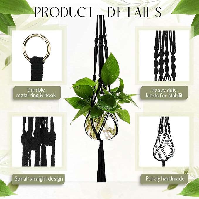 Colingmill 6 Pcs Plastic Plant Propagation with Boho Macrame Hanger Wall Plant Propagation Station Hanging Holder Include Hooks Kit for Indoor Home Garden Office Decor 3 Size (Black)