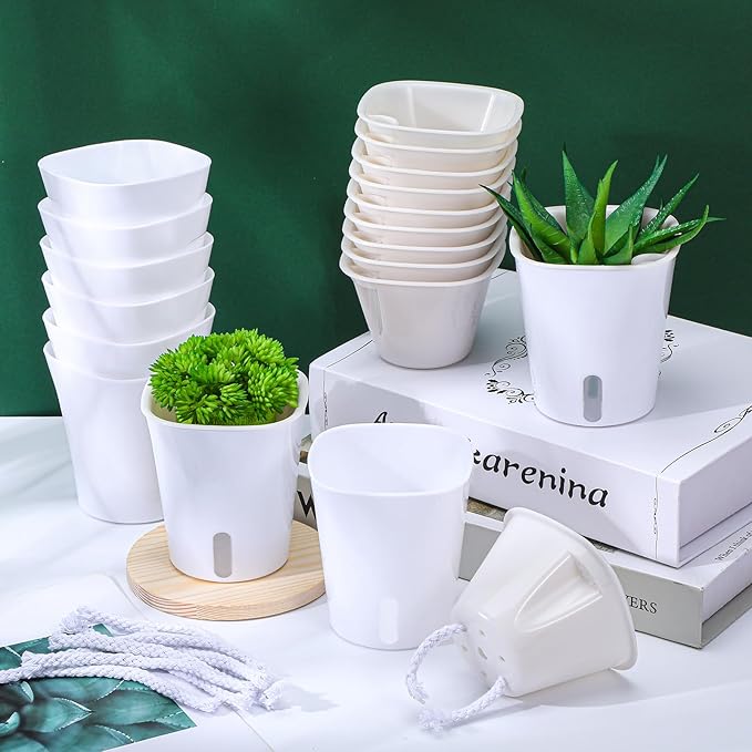 20 Sets 3" Self Watering Pots, White Self Watering Planters for Indoor Plants, Small Plastic Self Watering Garden Pots with Level Indicator and Vents for House Plants, Flowers