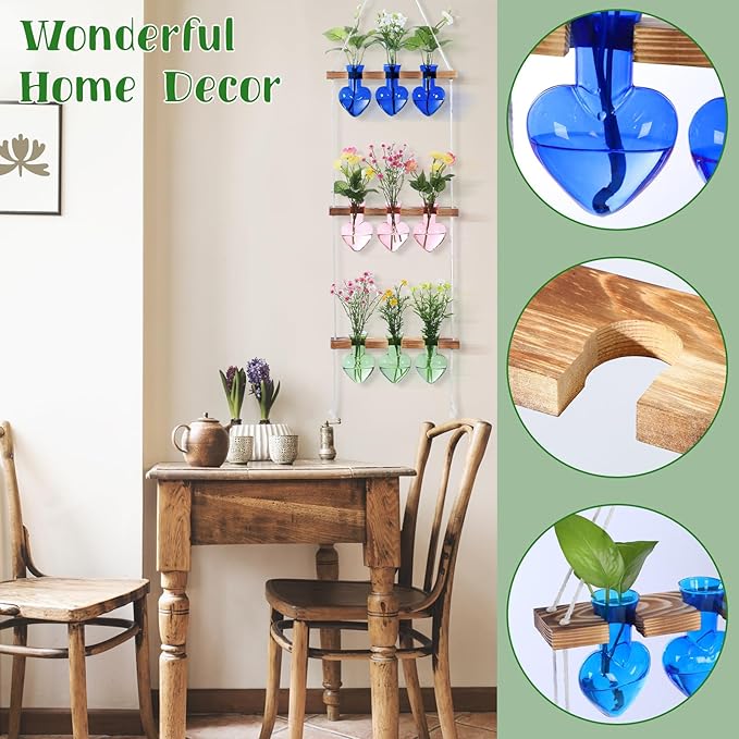 Leinuosen Wall Hanging Plant Propagation Stations Mother Gifts for Her Plant Lovers 3 Tiered 9 Heart Shaped Glass Vases Terrarium with Wooden Stand for Hydroponics Indoor Garden Home Decor(Multicolor)