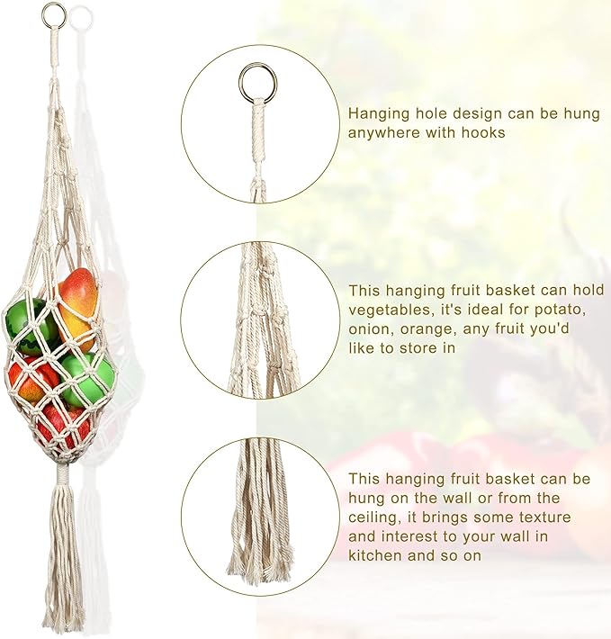 Geiserailie 2 Pieces Hanging Fruit Basket Macrame Hanging Basket Vegetable Breathable Storage decor for Potato Onion and Fruit Storage Boho Decor for Kitchen