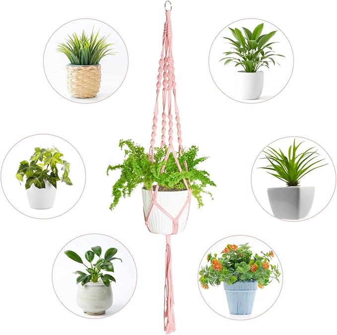XXXFLOWER 3 Pack Macrame Plant Hanger Indoor Set with Hooks Handmade Woven Cotton Rope Flower Pot Crochet Plant Holder Stand Boho Plant Decor Hanging Planter Baskets Set of 3 with Beads Pink