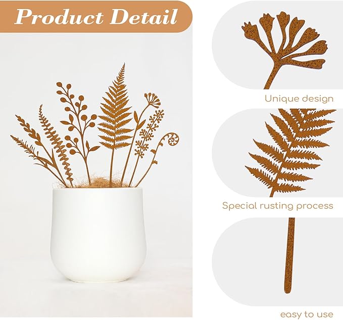 8-Piece Fern & Leaf Garden Stakes – Hand-Rusted Metal Plant Stakes for Flower Beds, Lawns, Pots, Patio, Outdoor Garden Décor, Yard Art & Plant Decorations