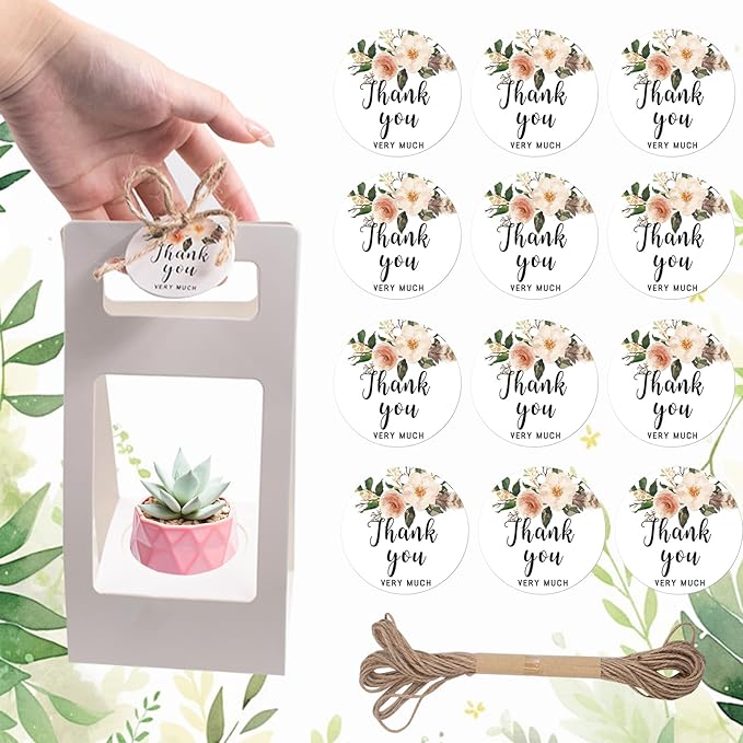 25 PCS White Succulent Wrap Bags for Wedding, Kraft Paper Gift Bags with Thank You Cards and Handle for 2.17'' Pots, Paintable Succulent Plants Holder for Party Favors (Pots and Plant Not Included)