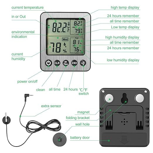 Digital Refrigerator Freezer Fridge Thermometer with Extra Sensor Reptile Thermometer Hygrometer max and min Remember Black ZZ20