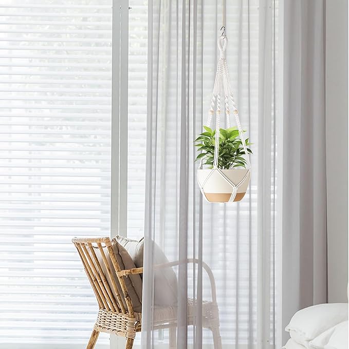 35 Inch Macrame Plant Hanger Indoor with Wood Beads and No Tassels,Strong Hanging Planter Flower Pot Holder for Indoor Outdoor Boho Home Decor,Set of 2,Ivory(Pots Not Included)
