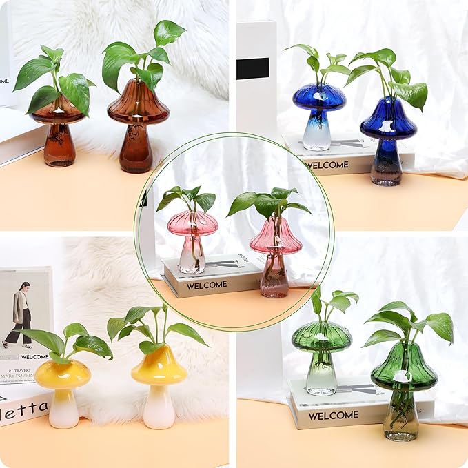 Mushroom Glass Vase Propagation Stations Flower Vases Home Decor Mushroom Planter Cute Vases Garden Decoration Set of 2