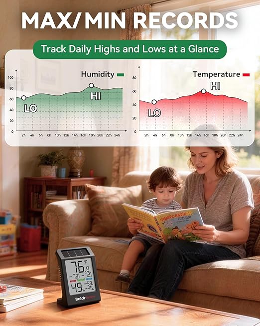 BALDR Indoor Thermometer Hygrometer, Solar Power with Battery Backup, Large Display, Daily Max/Min & Comfort Indicator Humidity Meter（Black）