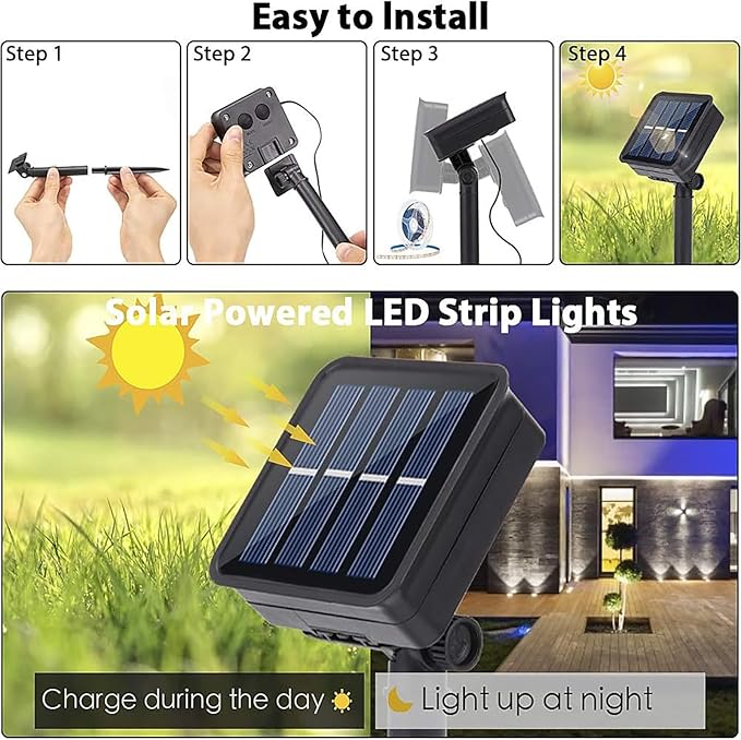 Solar LED Strip Lights Outdoor Solar Powered Rope Light Waterproof 10FT Cuttable Tape Lighting 3000K Warm White with 8 Modes for Fence, Outside, Stair, Step, Yard, Pool, 1 Pack