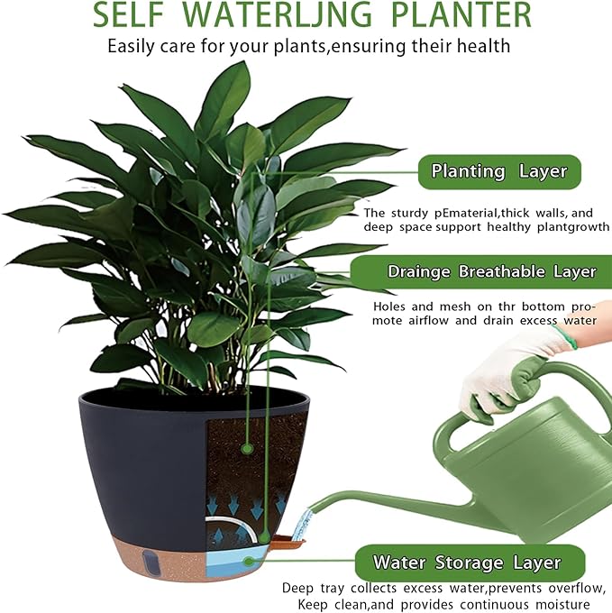 HEJIYUE Large Plant Pot, Self Watering Pots for Indoor Plants, 8/10/12 Inch Plastic Planters with Water Level Indicator, Drainage Holes & Deep Reservoir, Modern Decorative Flower Pot (Black)