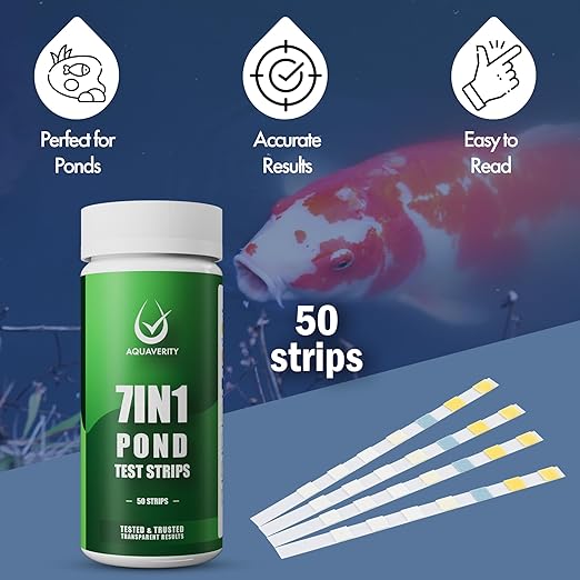 7-in-1 Pond Test Strips – Accurate Pond Water Test Kit for pH, Nitrate, Nitrite, Carbonate, Hardness, Total & Free Chlorine – Easy-to-Use Accessories for All Garden Ponds – 50 Strips