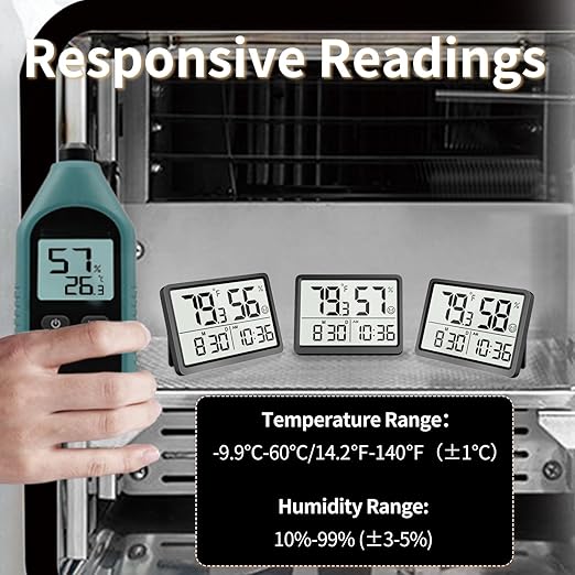 DOOMAY Digital Room Thermometer and Humidity Monitor with Calibration,High Accuracy Sensor Indoor Hygrometer with Date & Clock Desktop Magnet Sticky for Baby Room Greenhouse Guitar(Black)
