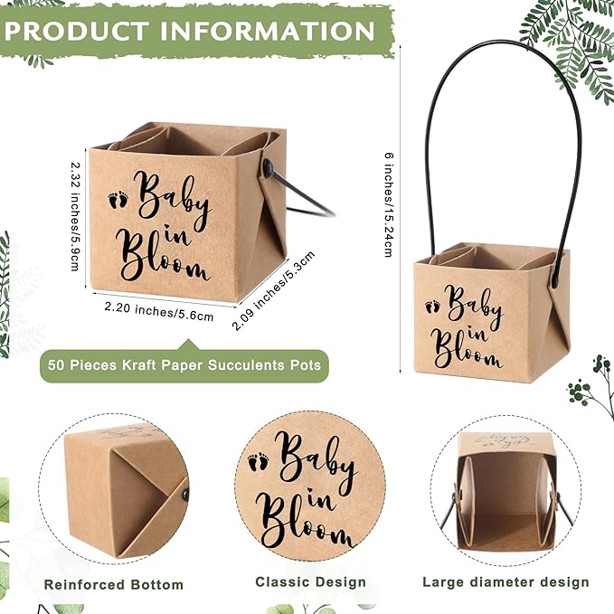 Geetery 101 Pcs Succulent Baby Shower Party Favors for Guests Include 1 Wooden Table Sign 50 Kraft Succulent Pots and 50 Tags for Baby Shower Party Gifts(Greenery)