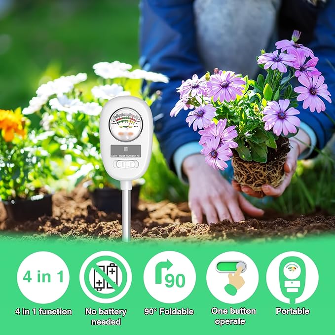 [Newest] Soil Meter, 4-in-1 Soil Moisture Meter, Digital Soil Test with pH, Moisture, Light and Nutrient for Gardening, Lawn, Farming, Outdoor& Indoor Plants