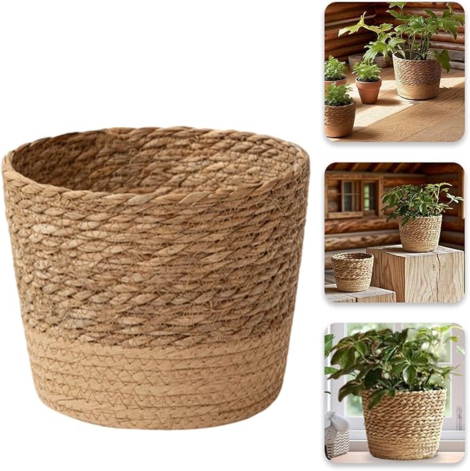 Woven Flower Pot Basket, Seagrass Storage Organizer Planter, Rustic Decorative Plant Containers Cover Laundry Bin for Porch Living Room Entryway (Khaki, 6.1Inch)