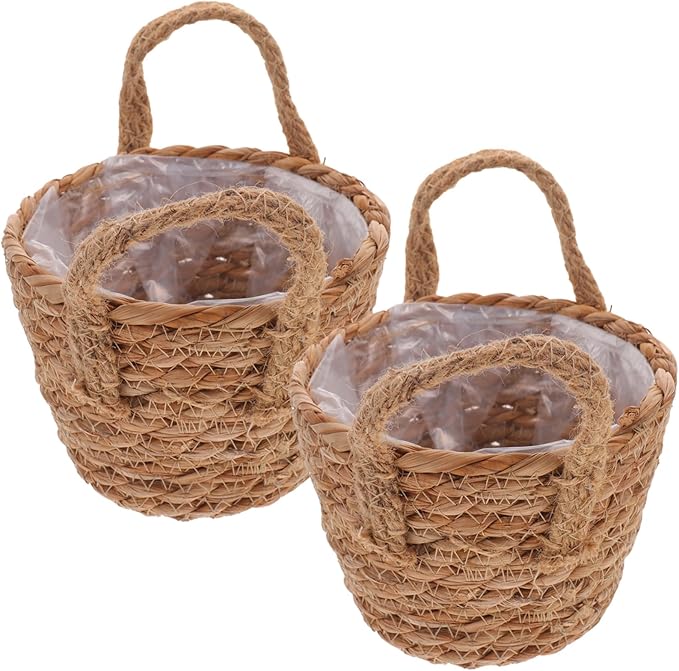 BESPORTBLE 2sets Seagrass Planters for Indoor Straw Pots for Outdoor Woven Flower Baskets Rattan Planter Baskets Handmade Storage with Liner 2pcs*2