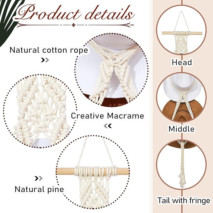 Yulejo Macrame Hat Hangers Boho Hat Rack Cowboy Hat Hanger Back of Door Hat Organizer (White,Five Hats Style)