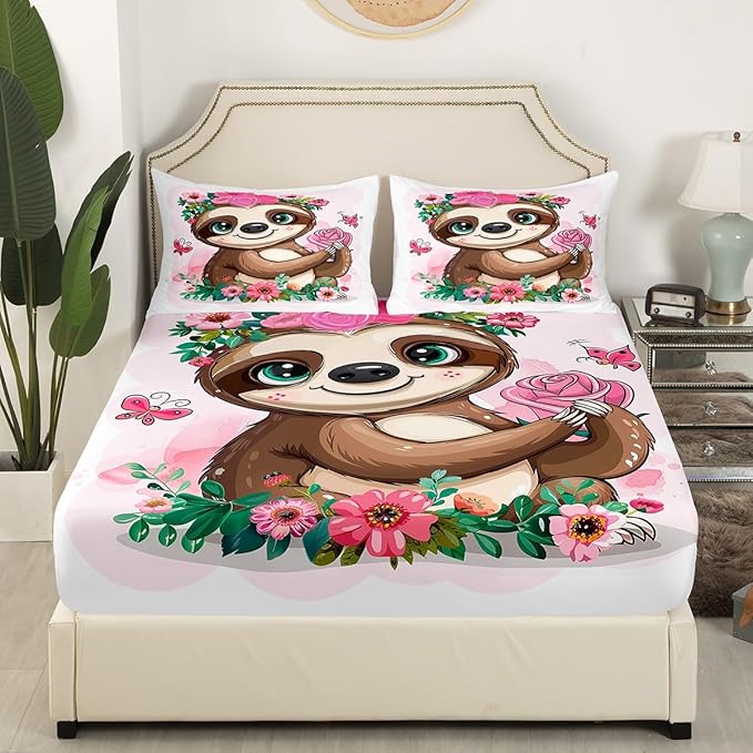 Feelyou Sloth Bed Sheets Set Full Sheets for Girls Kids Children Cute Animal Pattern Fitted Sheet & Flat Sheet Super Soft Rose Floral Flowers Bedding Set Cartoon Sloth Decor Bed Sheet Set 4 Pcs