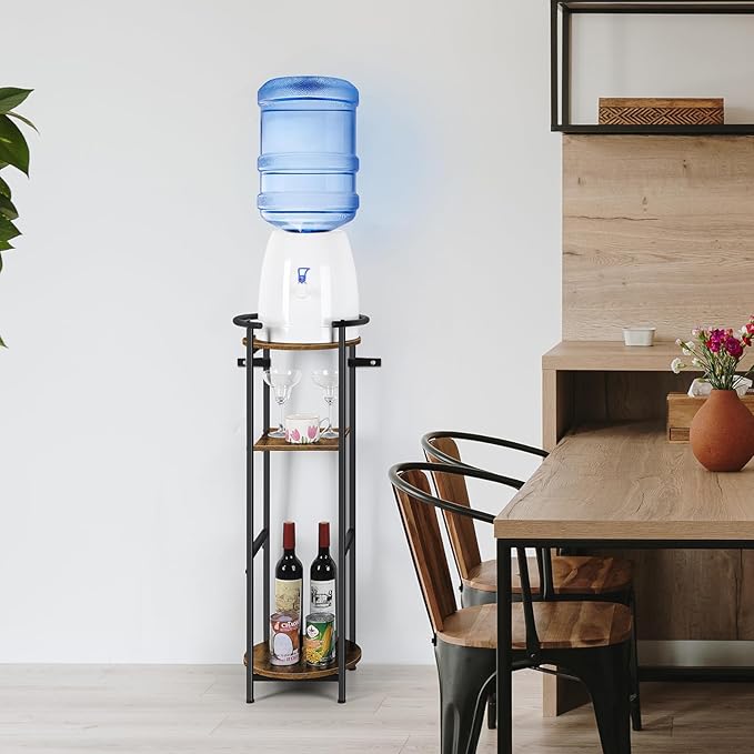 5 Gallon Water Dispenser Jug Stand 3-Tier Drink Beverage Dispenser Holder with Storage Shelf, 36.5'' Tall Water Stand for 1-5 Gallon Water Bottles/Crocks, Water Jug, Plants, Rustic Brown & Black