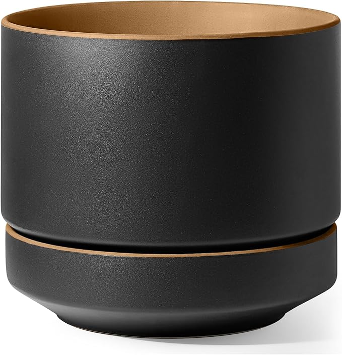 LE TAUCI 12 Inch Pot for Plants with Saucer, Ceramic Indoor Planter Pot with Drainage Hole, Mesh Pad Included, Matte Glazed Outside, Modern for Home and Office, Obsidian Black & Ochre