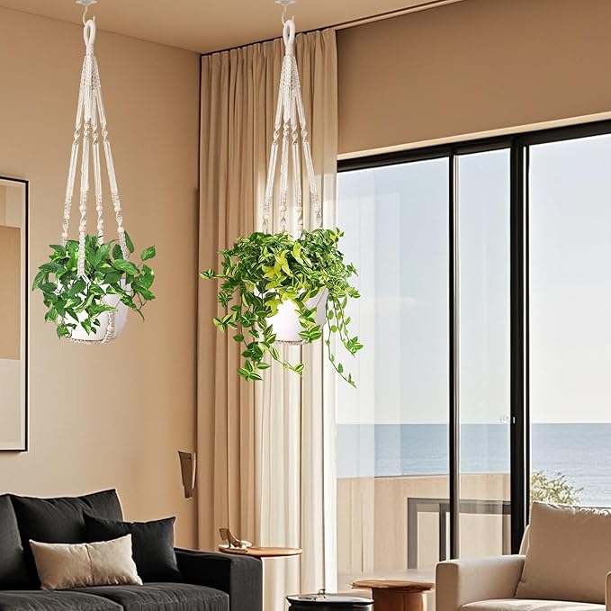 LEWESU Macrame Plant Hanger Indoor Set of 2 with 4 Hooks, Indoor Outdoor Hanging Planter for Plants Holder with Decorative Wood Beads & No Tassels, Boho Home Decor, 35 Inch Ivory (Pots Not Included)