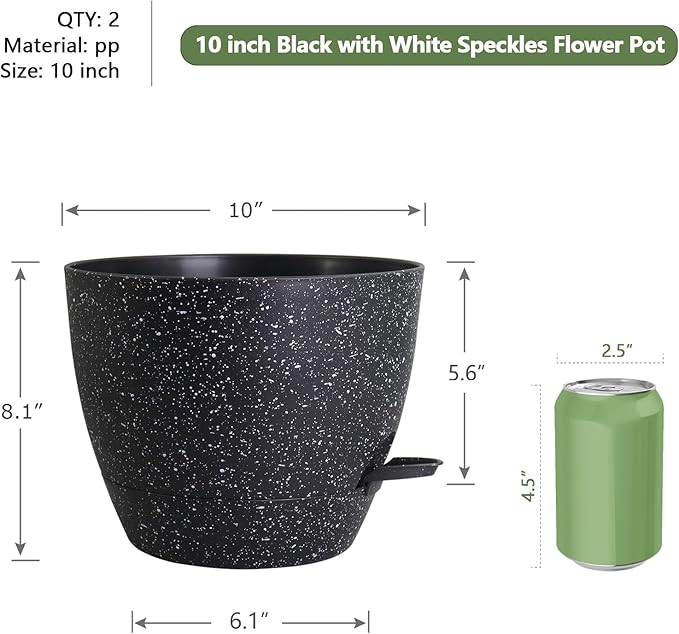 WSMKSZ 10 inch Self Watering Pots, Planter, Plant Pots with Mesh Drainage Holes for Indoor Outdoor House Plants and Garden, Pack of 2 Plastic Flower Pots with Deep Reservoir, Speckled Black