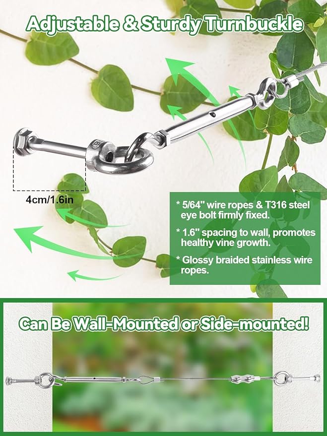 150FT Tensioned Wall Wire Trellis Kit for Climbing Plants, Kalolary T316 Stainless Steel Garden Trellis with Turnbuckle Tensioner Wall-mounted Fence Plant Trellises for Outdoor Wall Garden Fence Grape