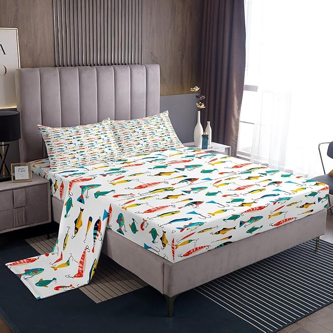 Fish Sheets Set Twin Size Cute Fish Bait Sheets with Deep Pocket Fitted Sheet for Kids Boys Girls Colorful Fishing Hooks Bed Sheet Set Nature Fishing Theme Bed Set Room Decor 3Pcs with 1 Pillow Case