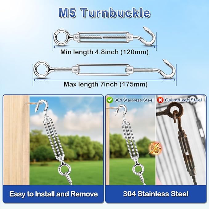 TooTaci Turnbuckle Wire Tensioner Kit, 100ft 1/16 Vinyl Coated Stainless Steel Wire Rope Cable with M5 Turnbuckles for Curtain, Garden Trellis, Picture, String Lights Hanging, Climbing Plants Outdoor