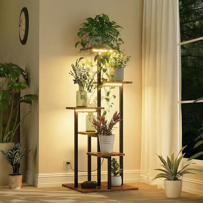 6 Tier Plant Stand Indoor with Grow Light, Tiered Plant Stands for Indoor Plants Multiple, Corner Flower Stand for Living Room, Multi-Layer Vintage Design Plant Shelf