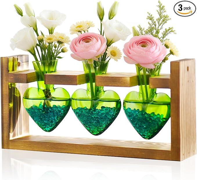 Nacome Plant Terrarium Propagation Stations: Mothers Day Gifts for Mom Plant Lovers Women Wife Daughter - 3 Bulb Glass Vase with Wooden Stand Tabletop for Hydroponics Home Garden Decor(Green)