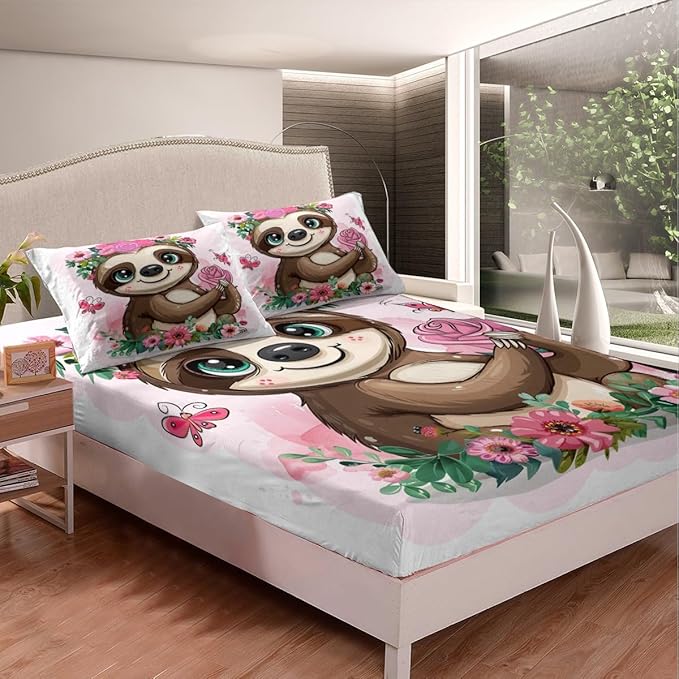 Feelyou Sloth Bed Sheets Set Full Sheets for Girls Kids Children Cute Animal Pattern Fitted Sheet & Flat Sheet Super Soft Rose Floral Flowers Bedding Set Cartoon Sloth Decor Bed Sheet Set 4 Pcs