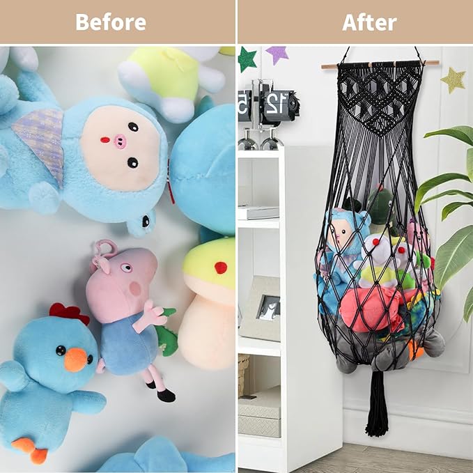 63'' Jumbo Stuffed Animal Storage Hammock Corner, Boho Macrame Stuffy Hammock for Wall Ceiling Over Door Hanging Toy Hammock, Black Plush Toy Net Holder w/ Star Lights for Kids Boys Girls Gift