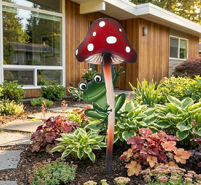 Napco Woodland Mushroom Frog 13.5 x 4.75 inches Red and Green Heavy Duty Metal Flower Plant Climbing Trellis Yard Art Stake, Indoor Outdoor Garden Décor